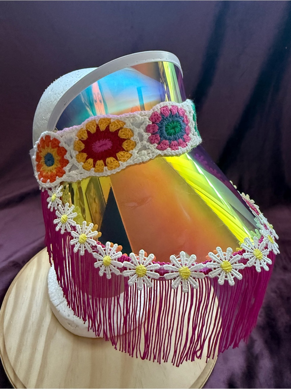 Crochet Flower Fringe Visor – Multicolor Pink Accent